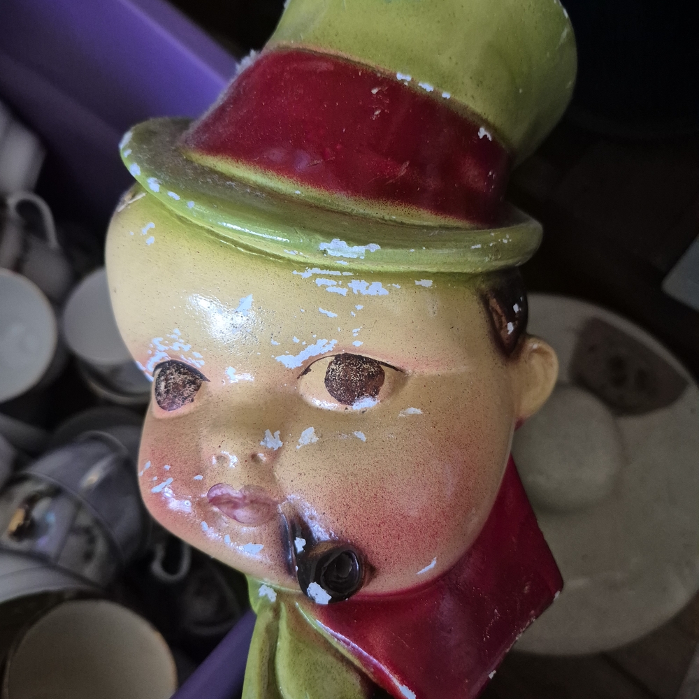 Vintage Ceramic Boy Figurine with Red and Green Hat